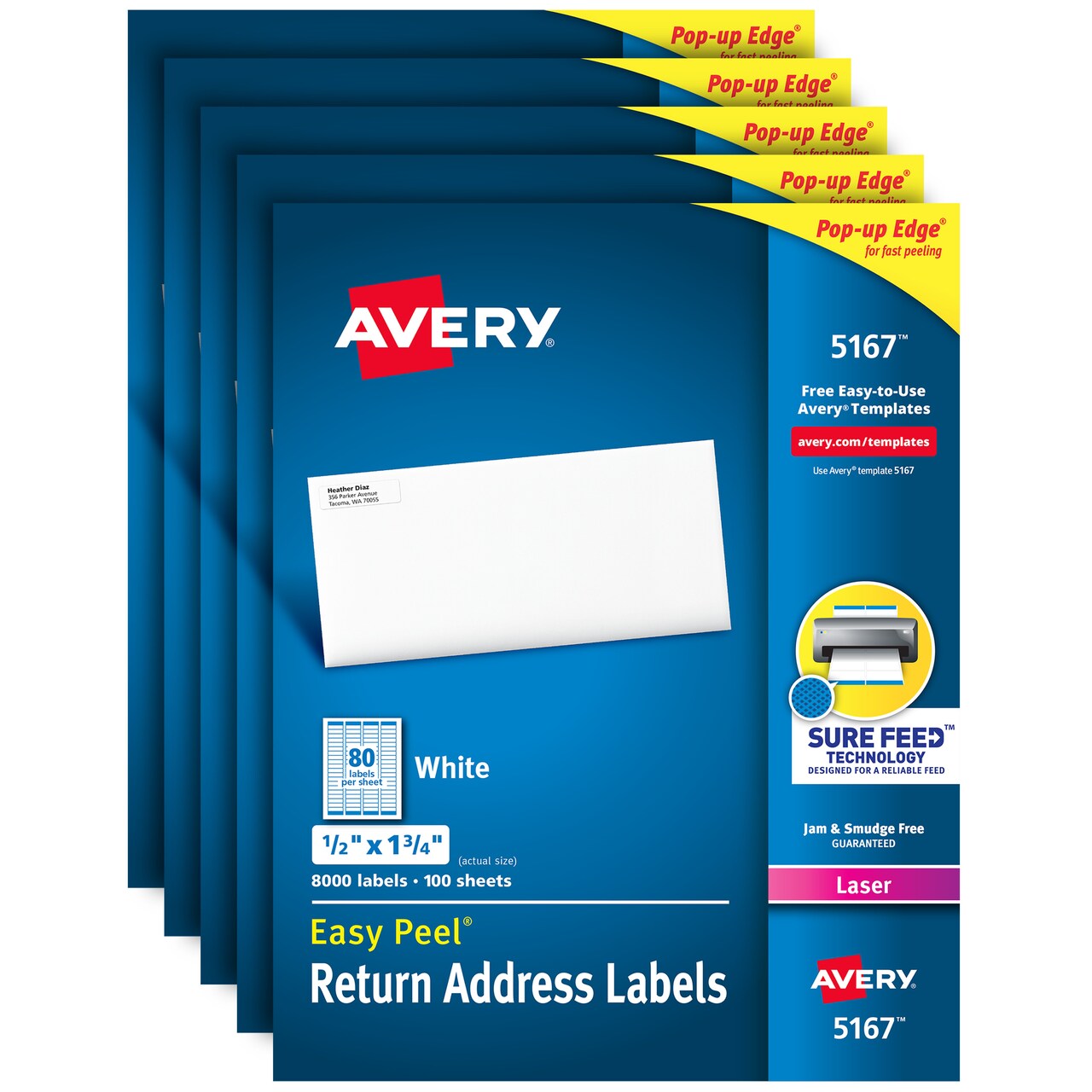 Avery Easy Peel Return Address Labels, Sure Feed Technology, Permanent Adhesive, 1/2" x 1-3/4", 8,000 Labels (5167) - 5 Pack